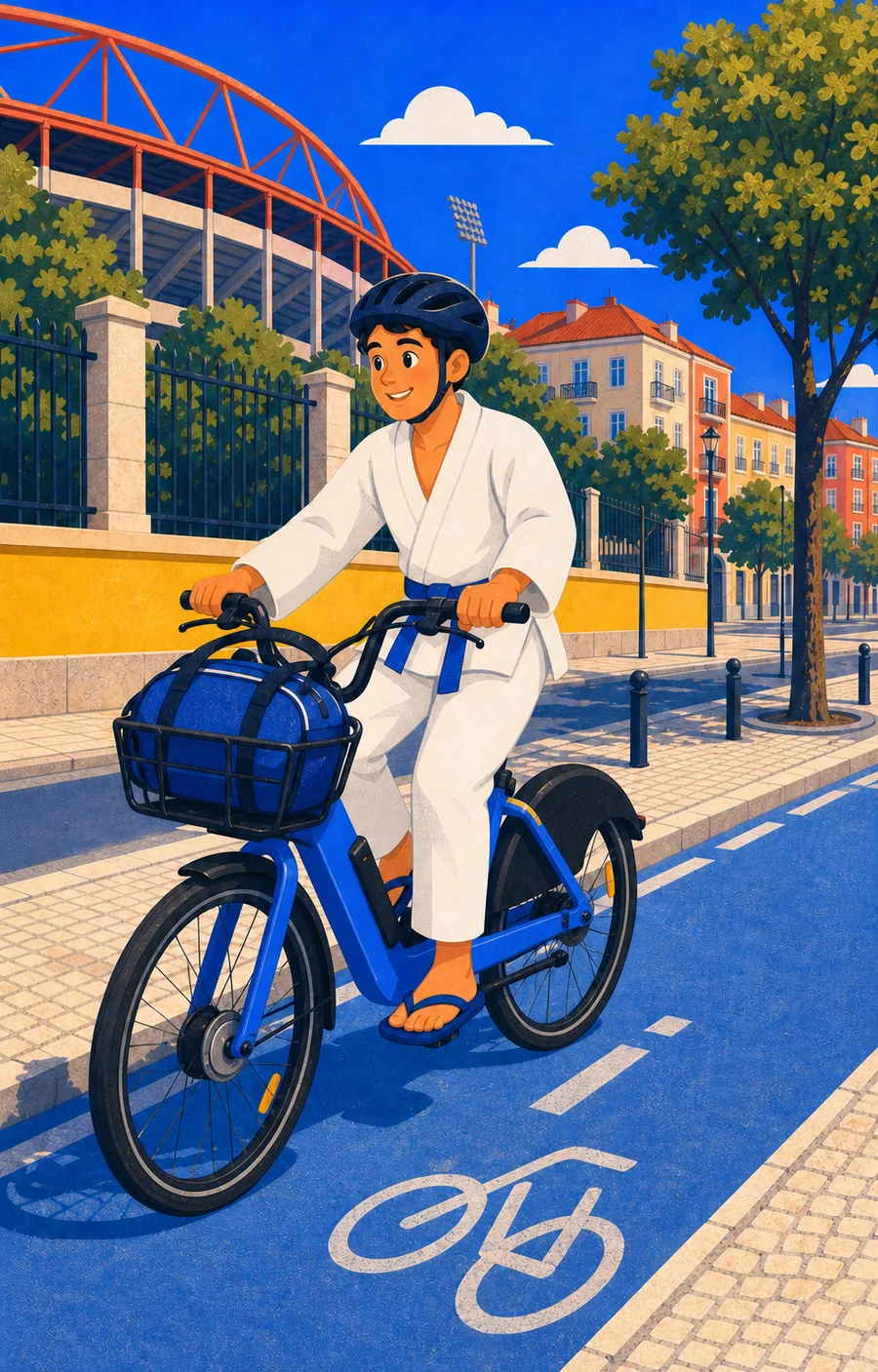 Judoca a deslocar-se de bicicleta em Benfica